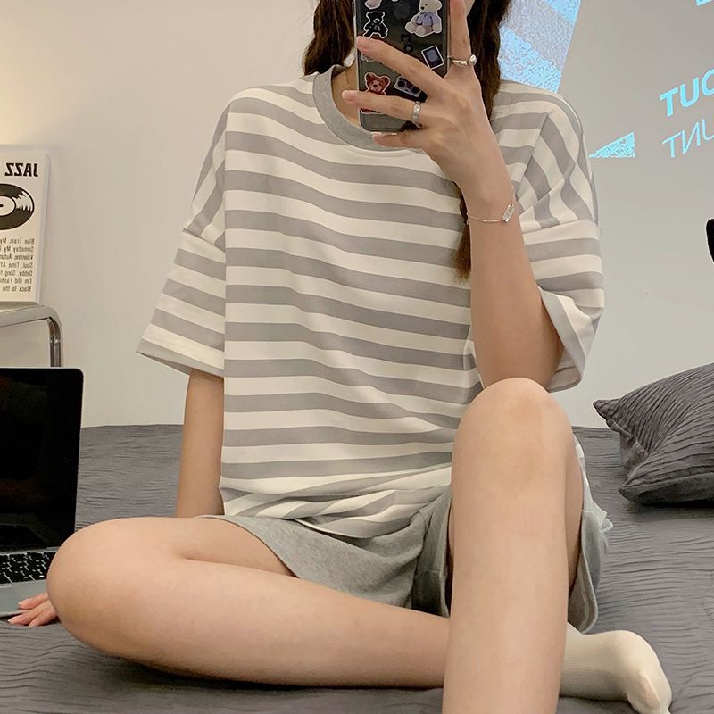 Pajamas for Women Summer Short-Sleeved Korean Style Spring and Autumn Cute Shorts Thin Style 2026 Loose Home Wear Set Large Size Stripes Pajamas for Women Summer Short-Sleeved Korean Style Spring and Autumn Cute Shorts Thin Style 2026 Loose Home Wear Set Large Size Stripes