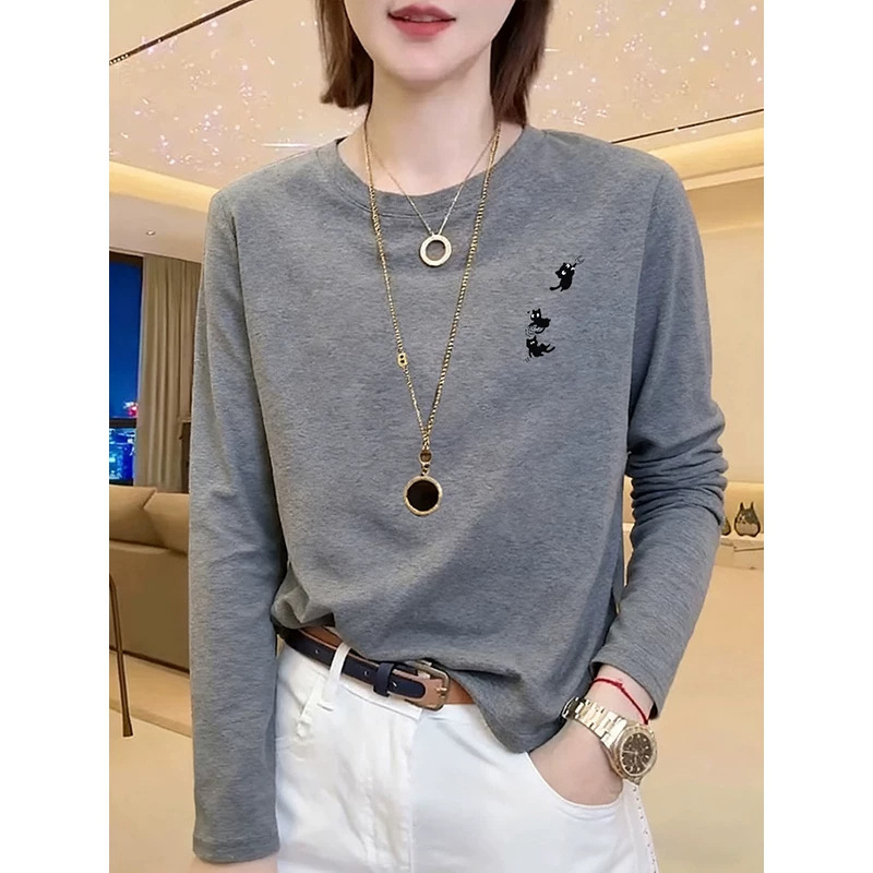 Women's high-end gray long-sleeved T-shirt, 2026 autumn/winter new collection, pure cotton, slim fit, versatile base layer top Women's high-end gray long-sleeved T-shirt, 2026 autumn/winter new collection, pure cotton, slim fit, versatile base layer top