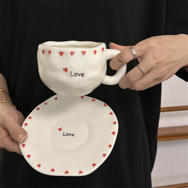Ceramic coffee cup set INS Japanese retro, hand-painted irregular saucer, vintage style
