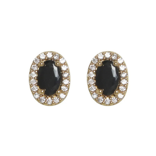 [Retro Black Gold] Light luxury retro style oval black gemstone earrings are set with zircon super flash earrings and earrings