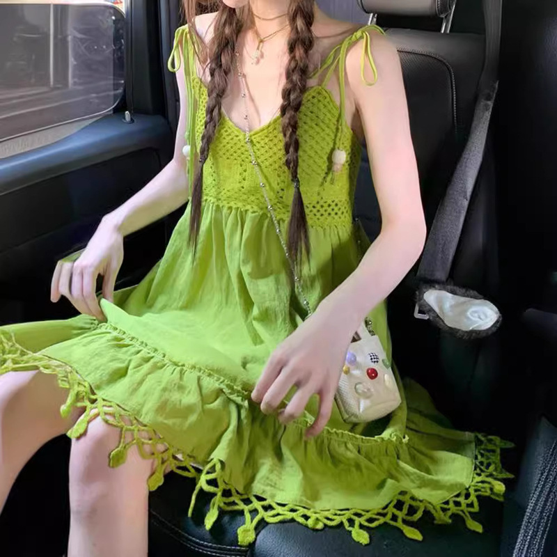 Bohemian Style Acura Green Tassel Sleeveless Strap dress Women's Summer Doll Skirt Dopamine Skirt
