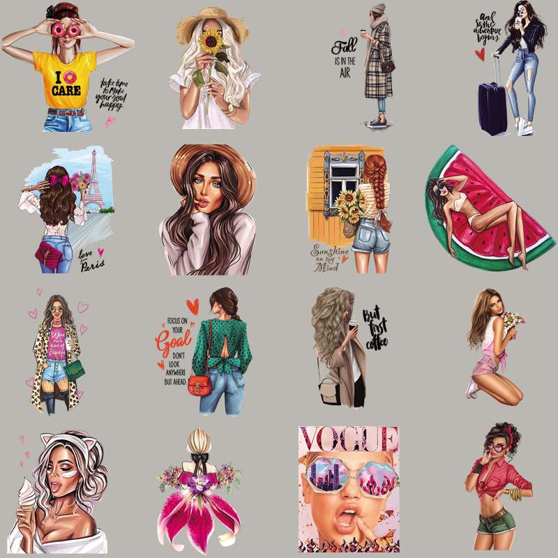 外贸热销美女系列柯式烫画 DIY烫标水洗唛服饰箱包口罩热转印logo