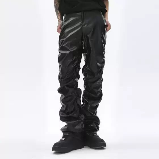 Dark Punk PU Leather Pants with Metallic Wrinkle Finish for Men, Streetwear Hip-Hop Baggy Casual Trousers