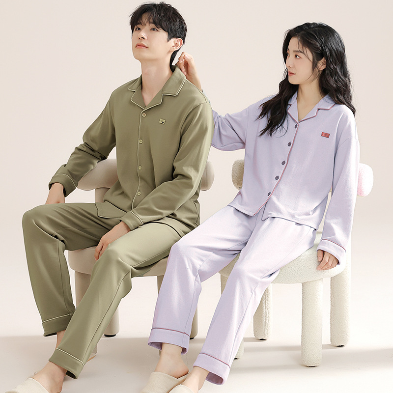 항균 통기성 순면 커플 잠옷 봄과 가을 긴 소매 바지 가디건 옷깃 플러스 사이즈 세트 남성 및 여성 홈 옷