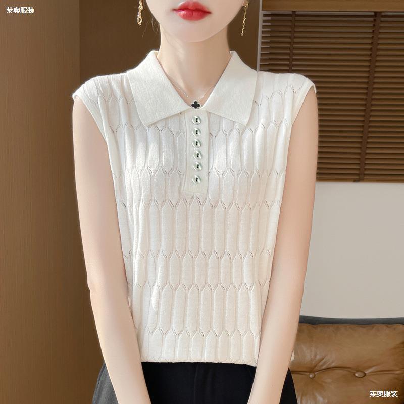 Spring New Fine Imitation Wool Lapel Knitted Vest Solid Color Loose Fashion Sleeveless Pullover Inner Top