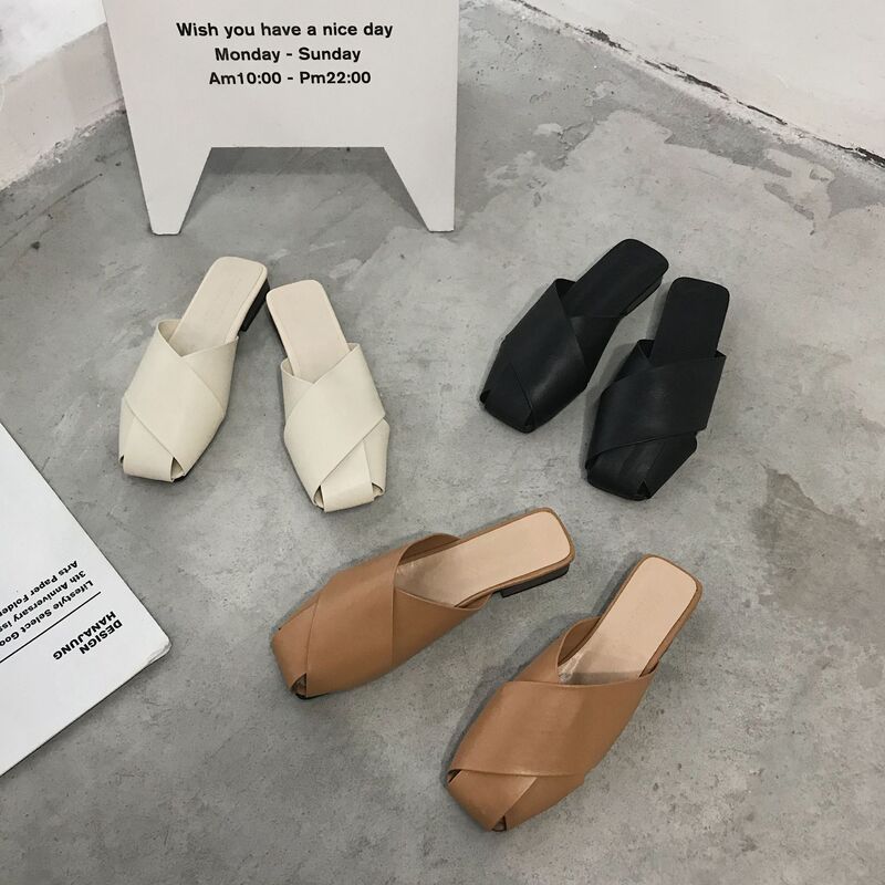 Baotou Flat Slippers Women's Summer New Fashionable Outer Wearing Woven Square Lazy One-Pedal Mueller Sandals for Women