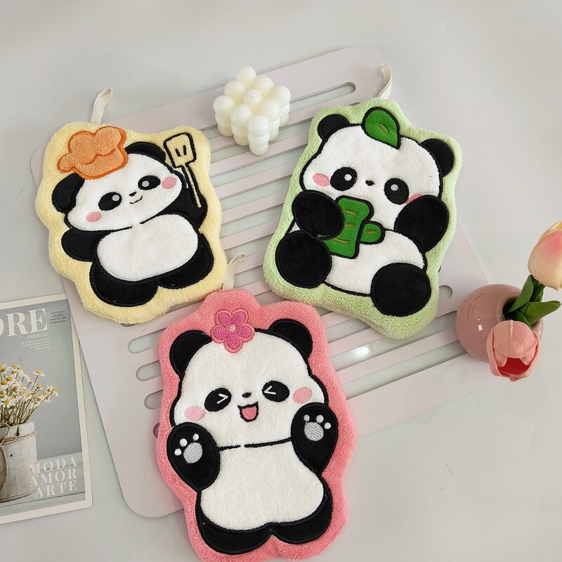 Cross-border Supply Cartoon Panda Coral Fleece Cute Hand Towel Internet Popular National Treasure Embroidery Absorbent Thickened Hanging Towel Rag