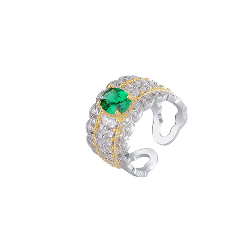 Foreign trade retro palace style hollow pattern women's two-color gold high-definition jewelry lace imitation emerald pigeon egg ring