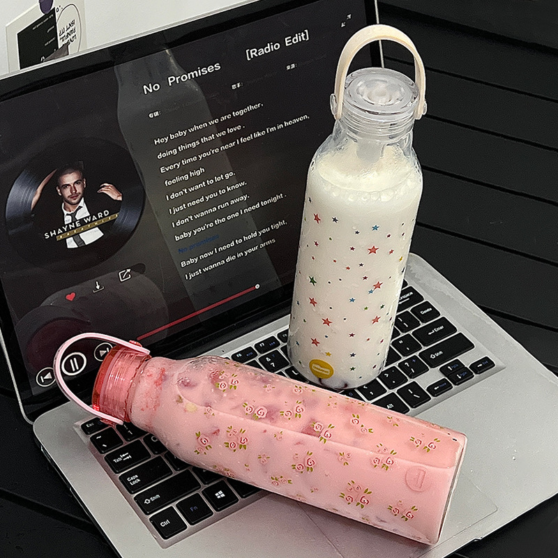 女士提手吸管杯便携带刻度水杯耐高温杯子家用咖啡杯高硼硅玻璃杯|undefined