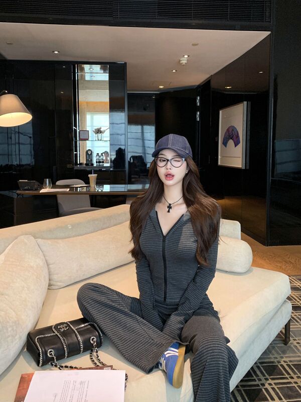 慵懒风复古连帽长袖卫衣外套女秋季条纹套装阔腿裤休闲裤子两件套|undefined