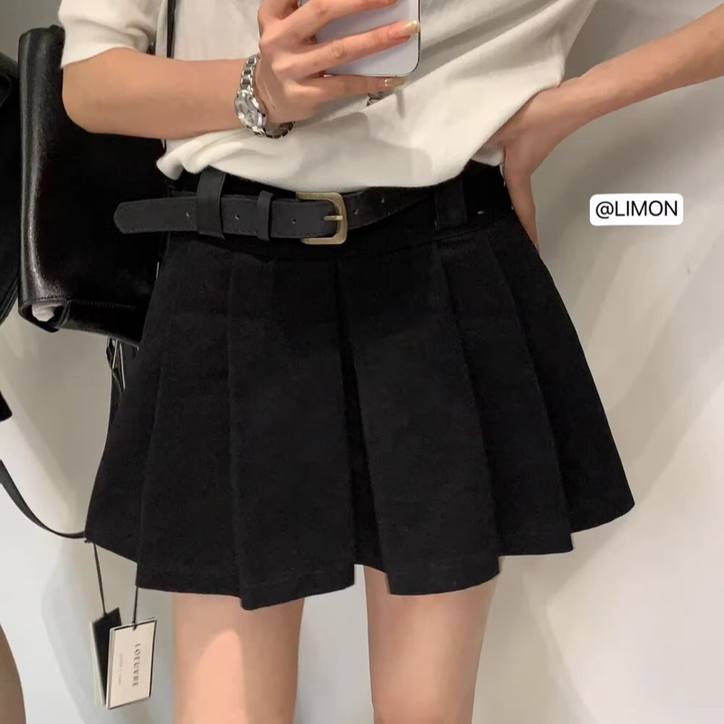 thelimon柠檬绿茶秋季新款韩版高腰显瘦百褶裙女半身裙短裙配腰带|undefined