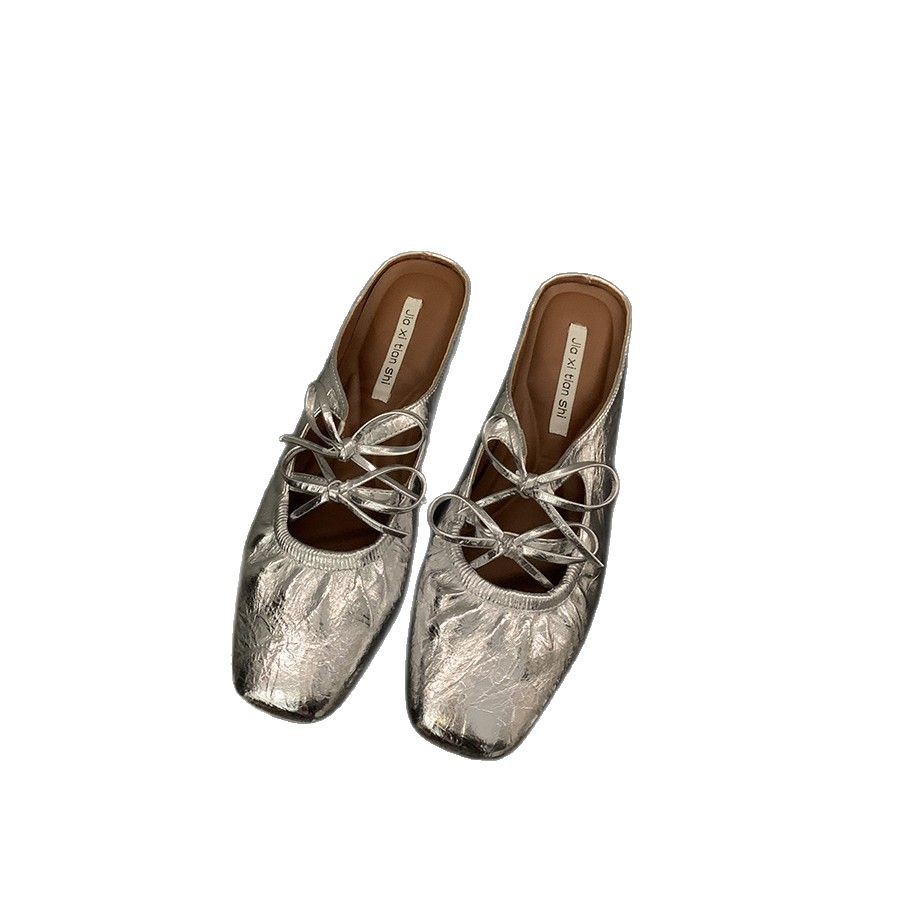 Inner realce bowknot plateado puntera medio arrastre zapatos de mujer moda exterior 2025 nuevas sandalias Mary Jane de verano