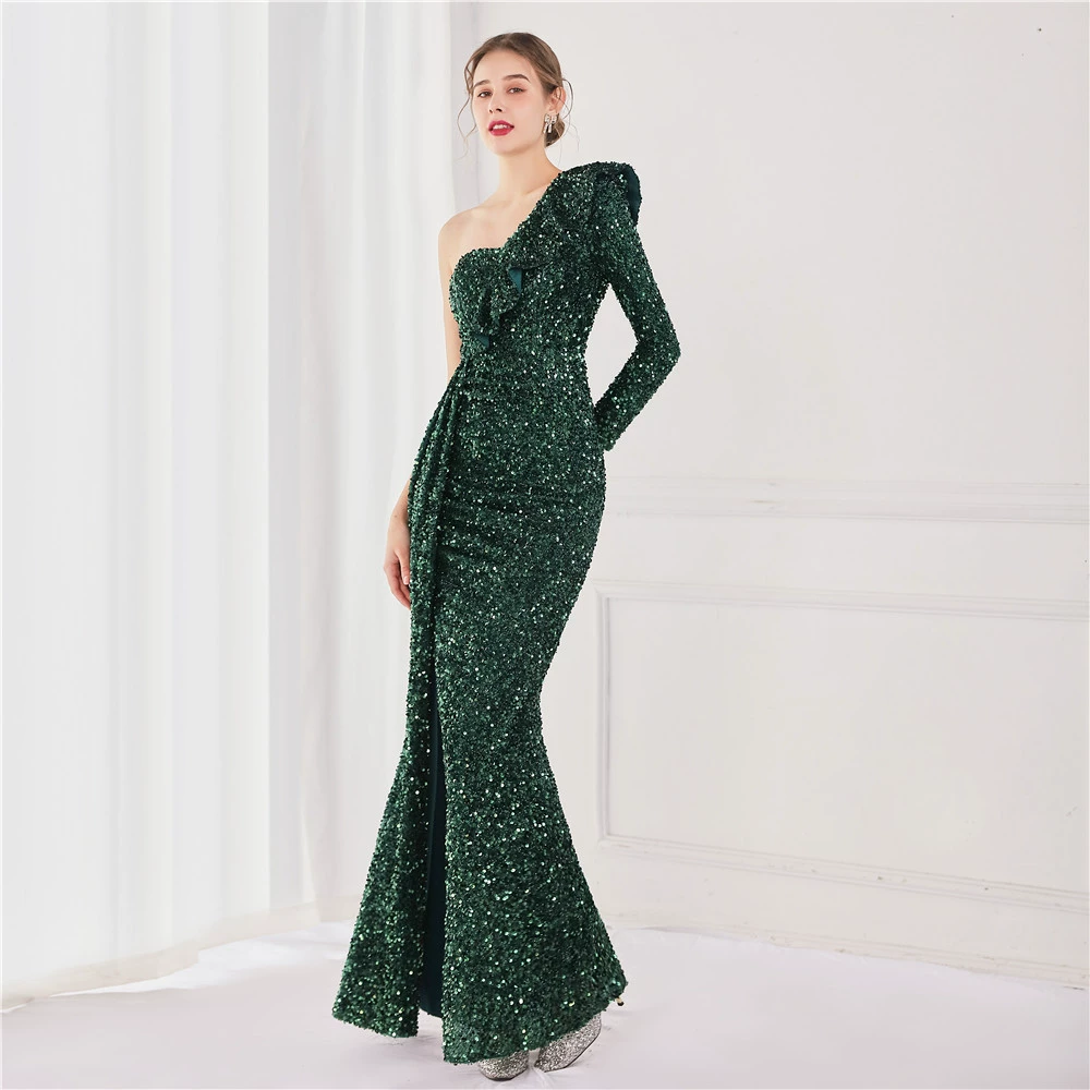 green evening gown Burgundy Sequins Mermaid Evening Dresses Sexy One Shoulder Side Split Formal Floor Length Vestido De Fiesta Prom Gown YSAN1424 formal evening gowns