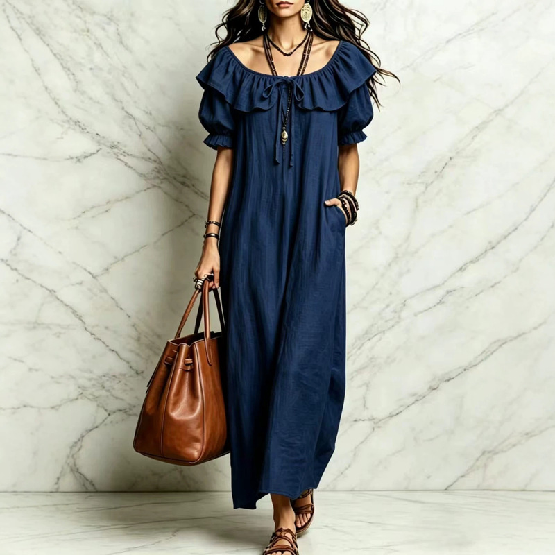 Summer 2026 European and American new style round-neck ruffle casual elegant seaside vacation dress Summer 2026 European and American new style round-neck ruffle casual elegant seaside vacation dress