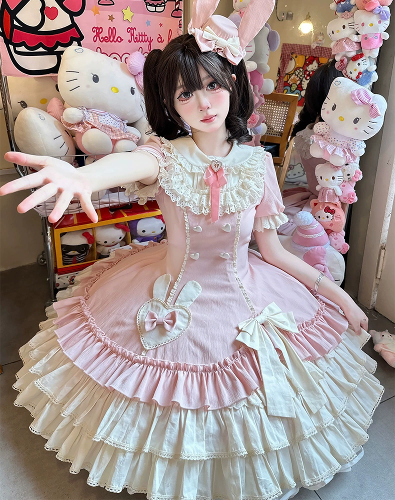 Платье Lolita OP, сладкий классический стиль, пышные рукава, многослойная юбка и банты — крем/чёрный/розовый