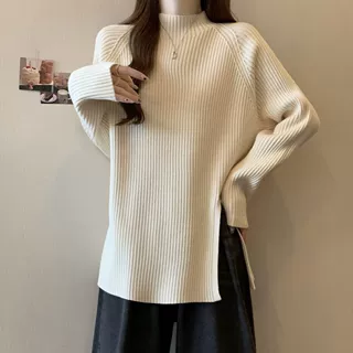 大码坑条半高领针织打底衫女秋冬新款韩版宽松显瘦开叉长袖上衣