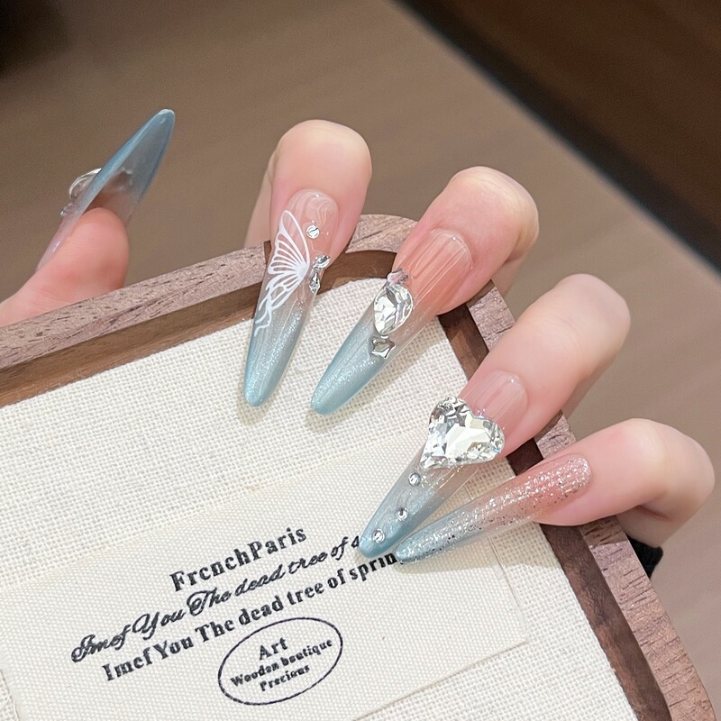 2026 New Blue Handmade Wearable Nail Art Stickers Butterfly Long Thin Dog-Shaped 4.0 Wearable Fake Nails