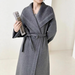 轻奢毛呢大衣女2025新款系带收腰长款秋冬长款双面羊毛大衣女外套