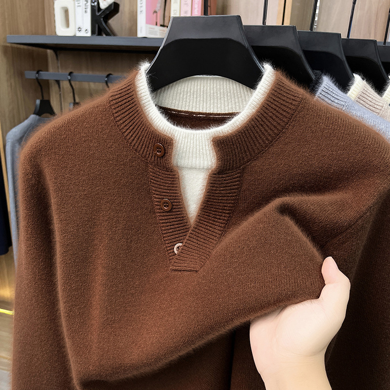 Cross-border men's wool blend Henley collar faux two-piece sweater, 2026 autumn/winter new collection, thickened and warm