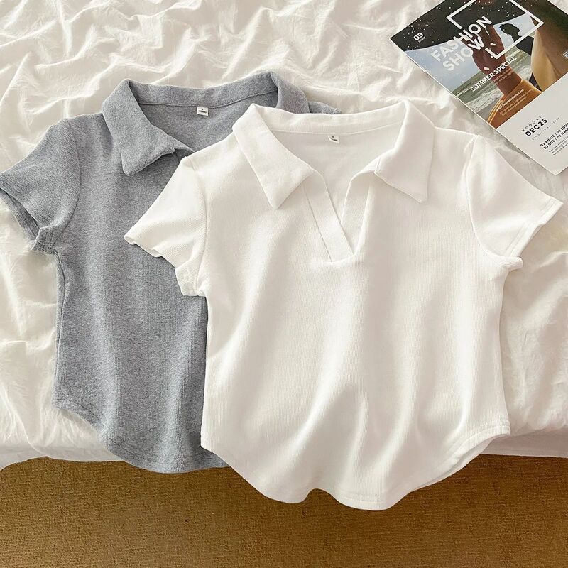 POLO collar, regular shoulder, summer short style, irregular hem, European-style top, unique design, ribbed short-sleeve t-shirt for women POLO collar, regular shoulder, summer short style, irregular hem, European-style top, unique design, ribbed short-sleeve t-shirt for women