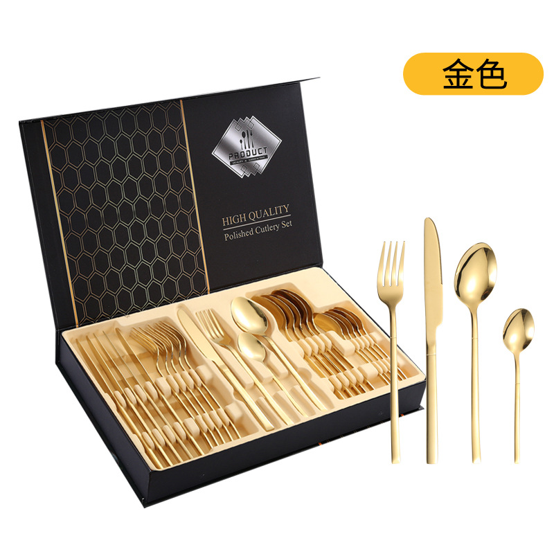 Amazon Venta caliente vajilla de acero inoxidable 24 piezas traje transfronterizo producto Caballero 4 piezas principales cuchillo de comida occidental, tenedor y cuchara traje