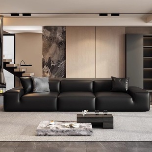 Modern Minimalist Large Black Cowhide Leather Sofa for Living Room, Small Apartment Top Layer Cowhide Black Large Apartment New Model Sofa
