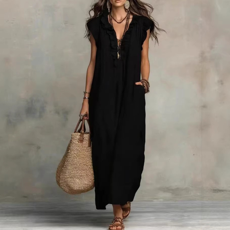 2026 Summer Sleeveless V-Neck Flutter Sleeve Women's Solid Color Cotton-Linen Floor-Length Dress European and American Style Design Selling Point 2026 Summer Sleeveless V-Neck Flutter Sleeve Women's Solid Color Cotton-Linen Floor-Length Dress European and American Style Design Selling Point