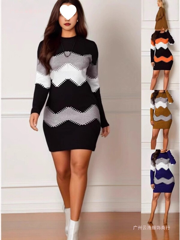 2026 European and American Cross-Border Women's Mid-Length Short Dress with Round Neck, Long Sleeves, Printed Knit, and Bodycon Design 2026 European and American Cross-Border Women's Mid-Length Short Dress with Round Neck, Long Sleeves, Printed Knit, and Bodycon Design