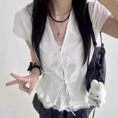 韩系蕾丝花边白色短袖衬衫女夏季纯欲风肌理感修身显瘦系带上衣潮