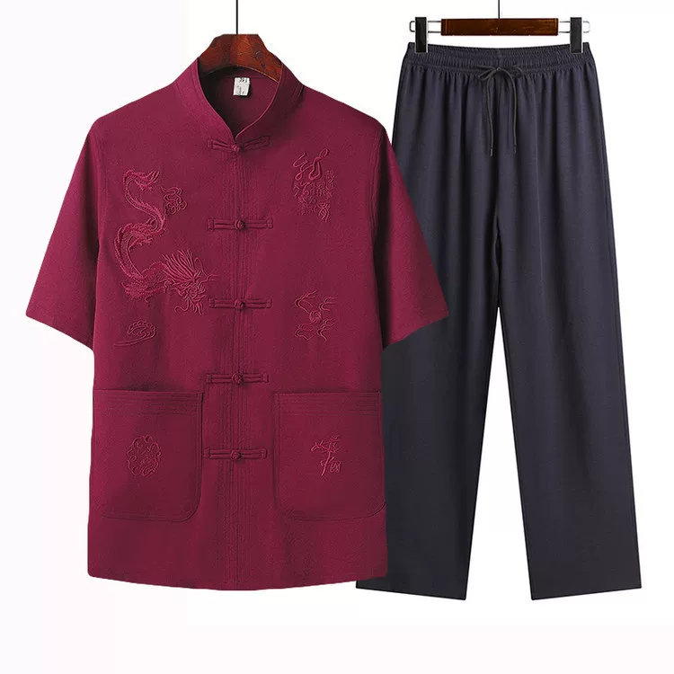Summer thin set for elderly for leisure, for middle-aged man, for middle age, Chinese style, loose fit, with short sleeve