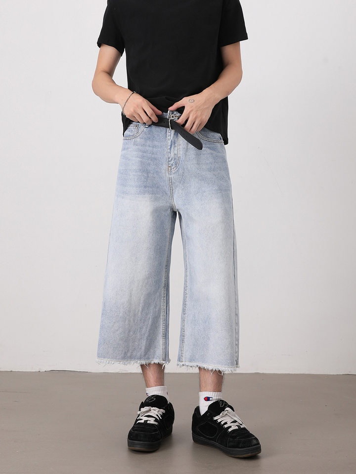 Quần short denim nam ống rộng dáng thẳng, kiểu Mỹ cổ điển, wash xước gấu, dài 8/10 — Màu xanh dương