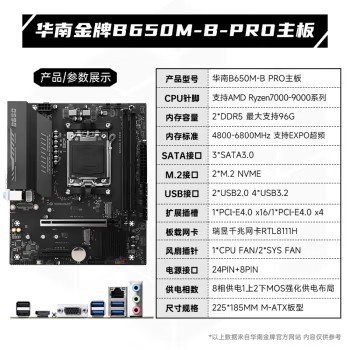 华南金牌B650M-B PRO主板可搭AMD七代锐龙R5 7500F/7600X CPU