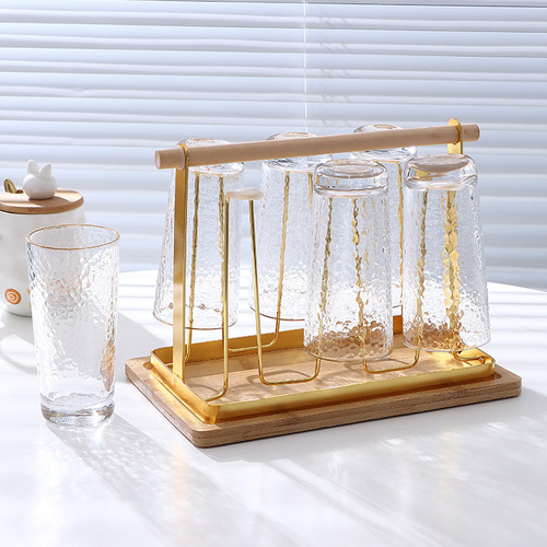 Japanese-style iron draining cup rack, household wooden-handled cup holder with tray, cup stand, kitchen cupware storage and display rack