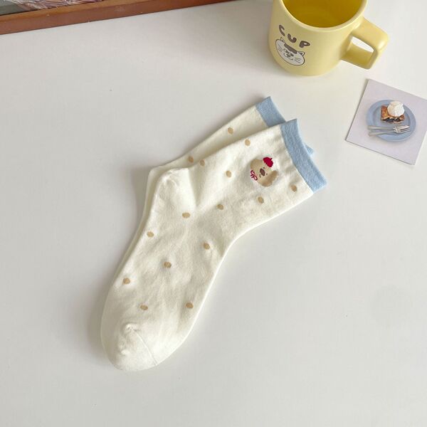 Cute Socks for Women, Pure Cotton, Spring and Summer, Mid-Calf White Cotton Socks, Cartoon Puppy Stripes, Bowknot Women's Socks, Zhuji Socks