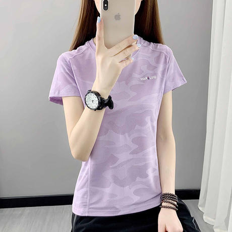 Outdoor Sports Quick-Drying T-Shirt Women's Sports Running Fitness Loose Round Neck Camouflage Thin Slightly Elastic Short-Sleeved Quick-Drying Shirt
