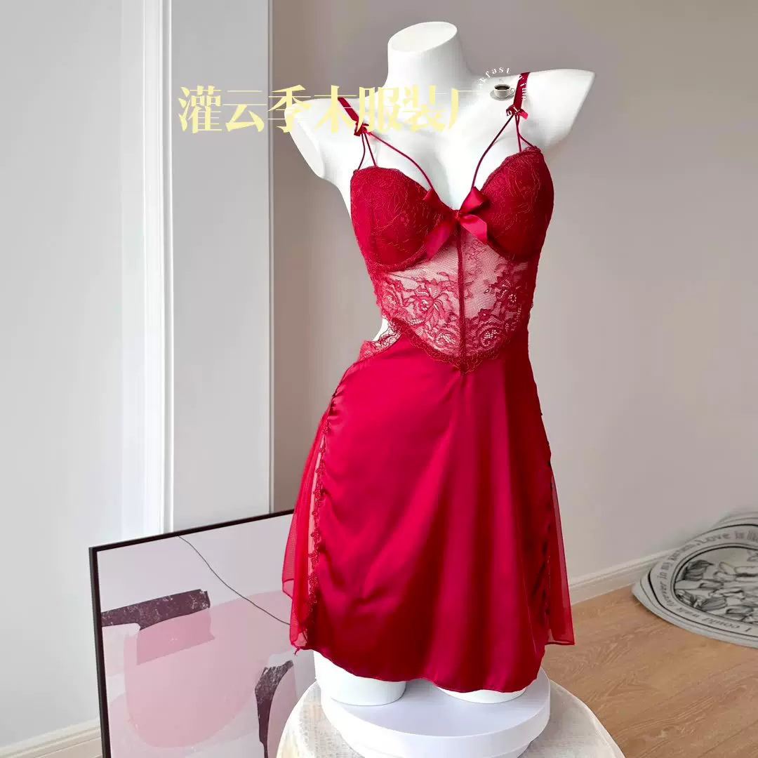 性感睡衣蕾丝聚拢透视诱惑纯欲露背胸垫睡裙情趣内衣套装居家服