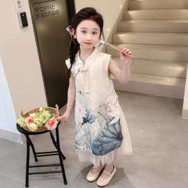 新品夏季女宝印花中国风旗袍连衣裙中小童荷花旗袍可爱女孩唐装潮