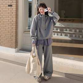 灰色美式学院风卫衣套装女2025秋设计感格纹拼接阔腿裤休闲两件套