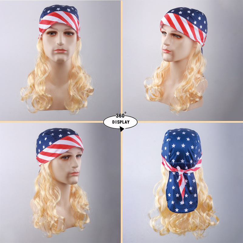 3pcs/set Black Fish Wig Skull Cap July 4th American Patriotic Headscarf Independence Day Patriotic Day Wig Cap