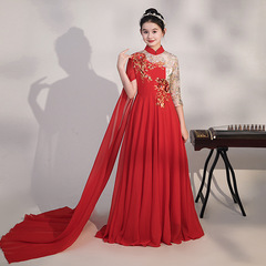 Red Chinese-style Guzheng performance costume for young female dancers, featuring traditional Chinese music, suitable for a choir's art examination dress.