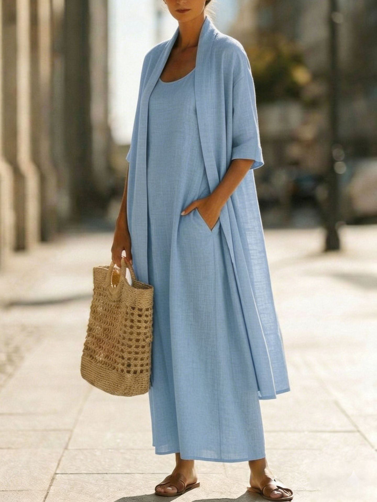 Women's Clothing Women's Simple Loose Comfortable Stylish Cotton Linen Two Piece Dress Early Summer Perfect Clothing_ecoleips.com