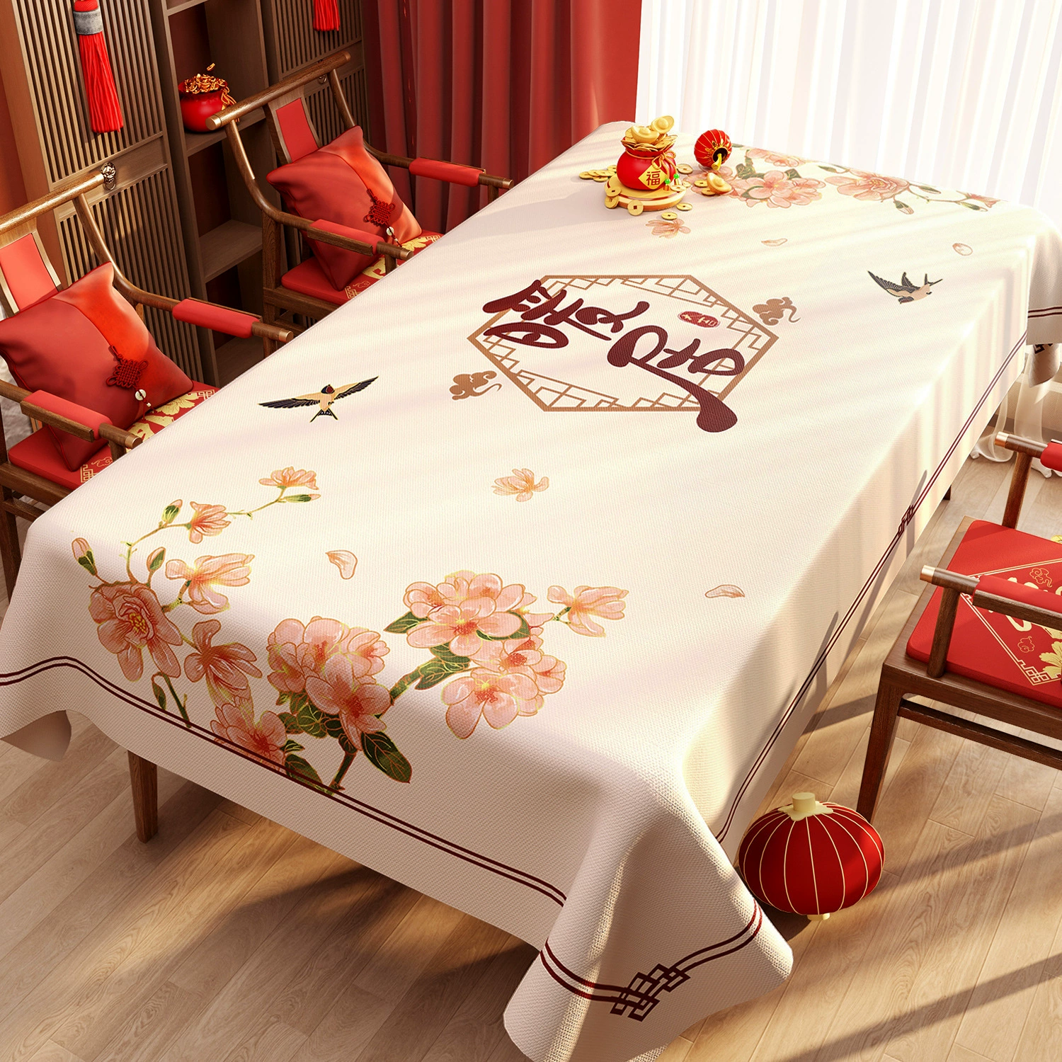 New Chinese New Year red festive atmosphere PVC waterproof and oil-proof tablecloth Spring Festival blessing Chinese coffee table tablecloth