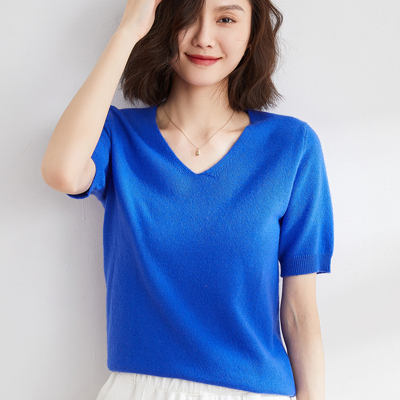 22 New Autum Knitwears for Women, Knitwears, T-Shirts, V Neck Bottoming Shirts for Women, Medium Short-Sleeved Women's Wholesale Dropshipping