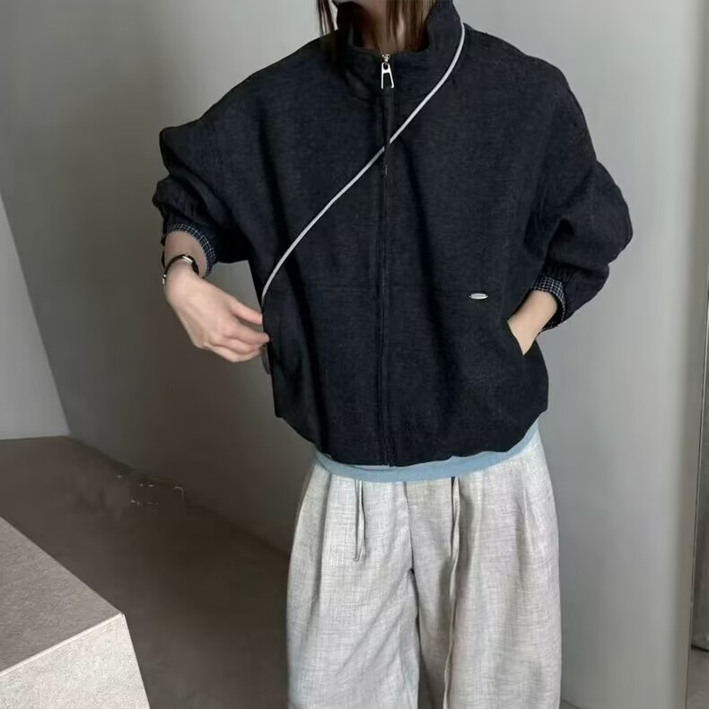 高端撞色格子袖口立领百搭宽松显瘦毛呢夹克女外套2025秋季新款潮|undefined