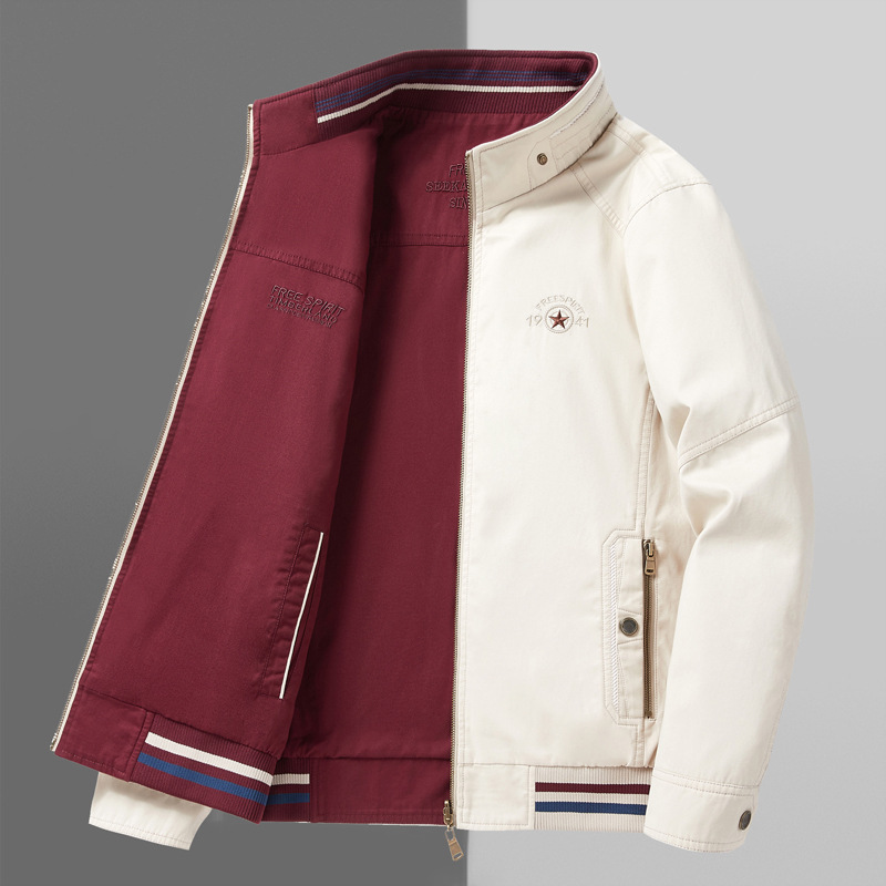 Spring and Autumn New Style Reversible Jacket for Men, Casual Men's Stand-Up Collar Coat, Spring Reversible Loose Jacket for Middle-Aged Men
