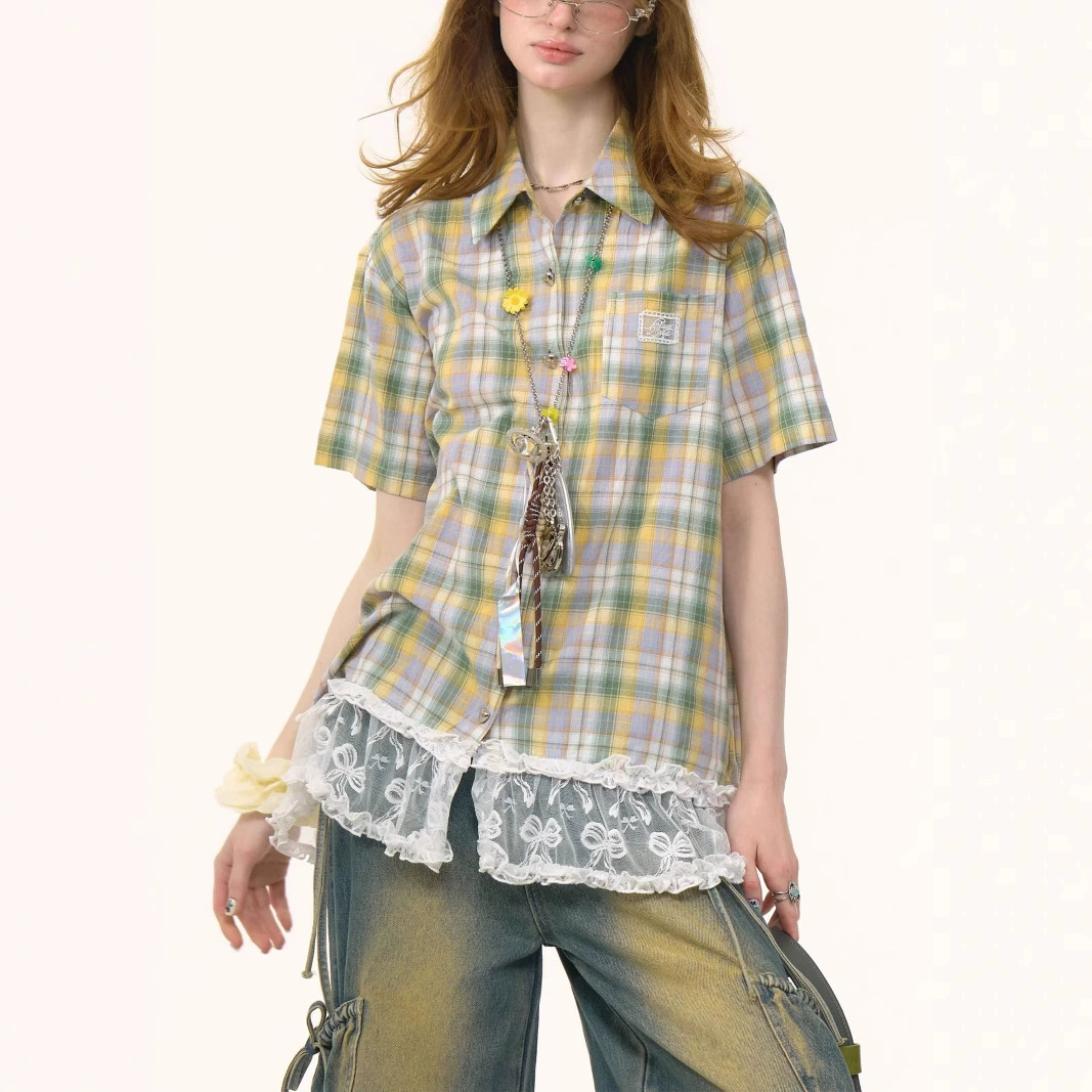 ziziFei, летняя американская ретро-дизайн, кружевной топ для похудения, зеленая клетчатая рубашка с короткими рукавами для женщин