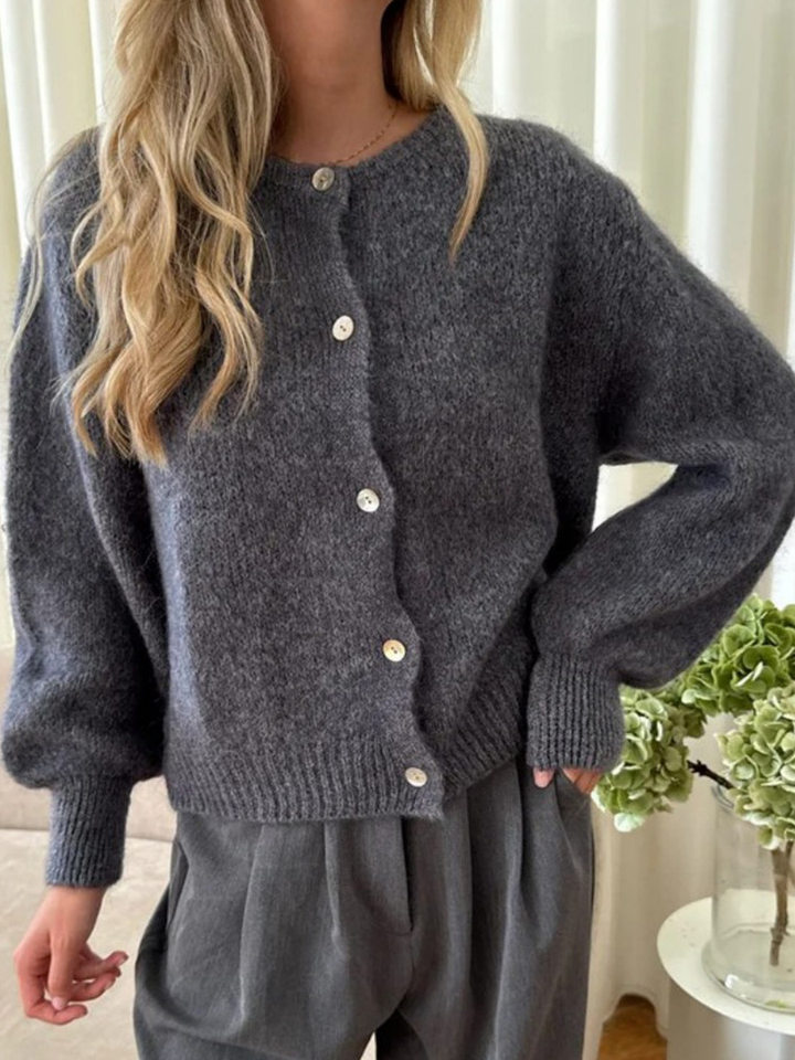 Áo cardigan len dệt kim dáng mỏng nhẹ cài nút một hàng, tay dài cổ tròn nữ — hoa hồng đỏ, màu be, màu cam, màu hoa cà chi tiết 87