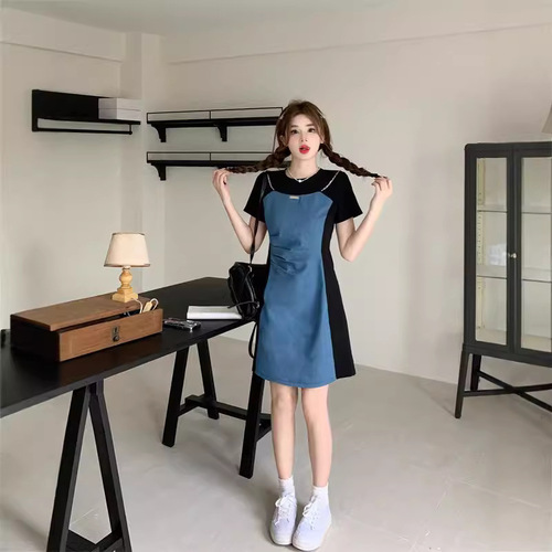 Fat MM does not pick a figure, retro denim stitching dress, women's new summer dress, covering the belly and showing slimming A-line short skirt