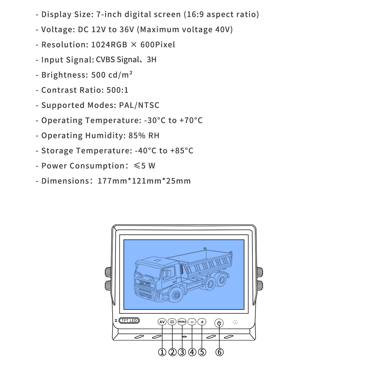 7-inch HD car monitor AV LCD display rear view cart image monitor for passenger cars and trucks