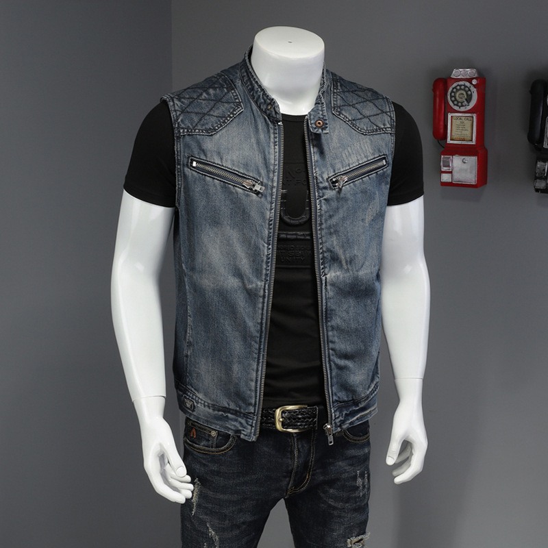 European and American waistcoat Denim vest men's plus size Motorcycle Harley stand collar Denim vest fashion European and American waistcoat Denim vest men's plus size Motorcycle Harley stand collar Denim vest fashion